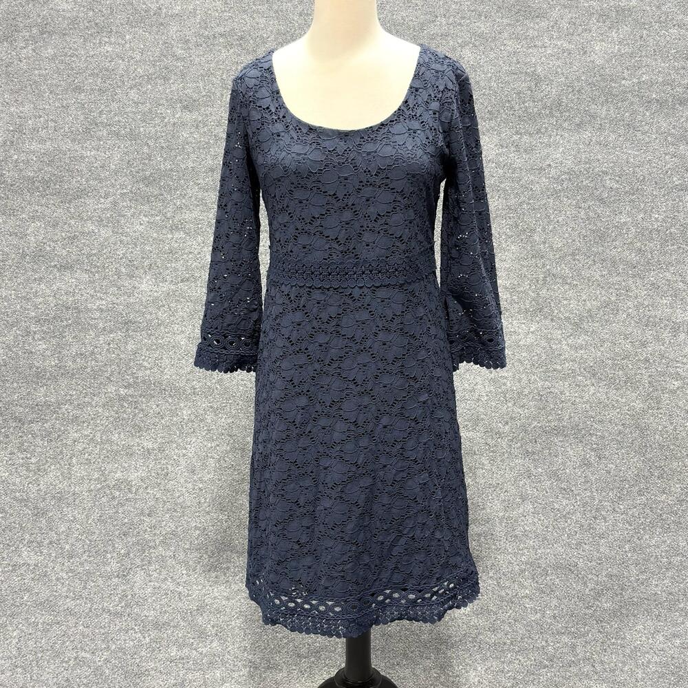 Alfani Dress Womens Small Blue Lace Scoop Neck A Line 3/4 Sleeve Lined Knee